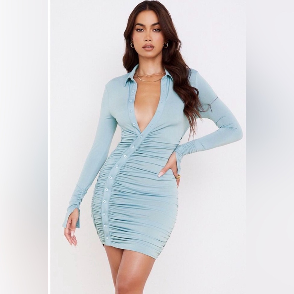 Ruched Button-Front Long Sleeve Dress - Light Blue